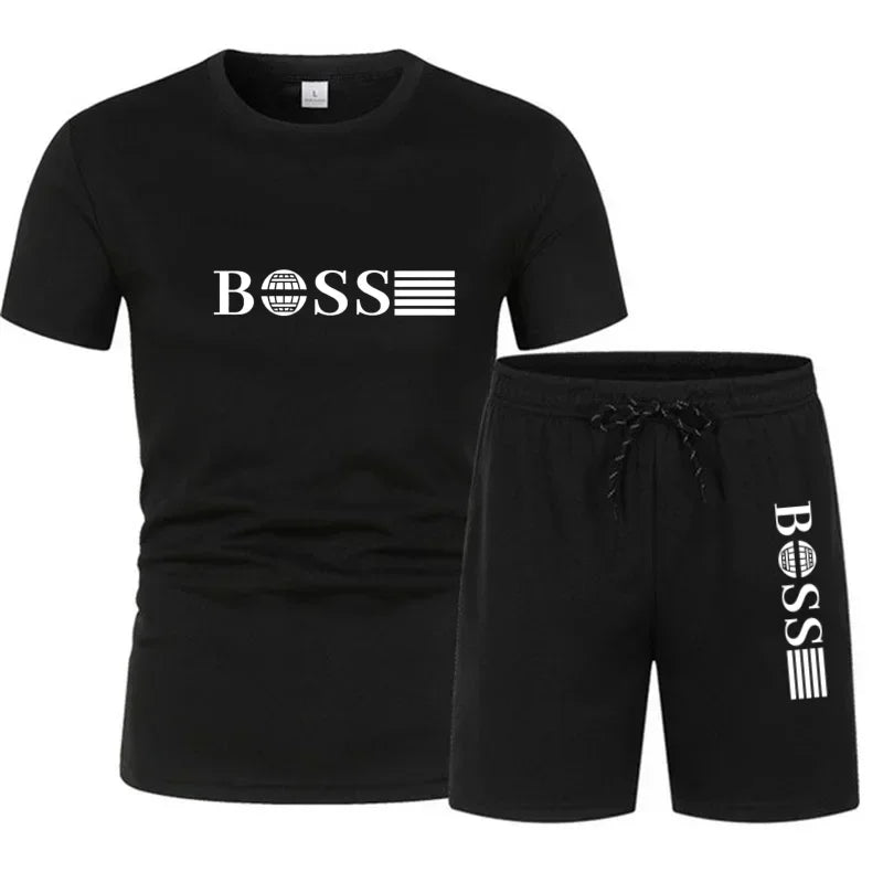 Spring and summer new two-piece men's running T-shirt and short casual elastic round neck sports suit comfortable quick drying