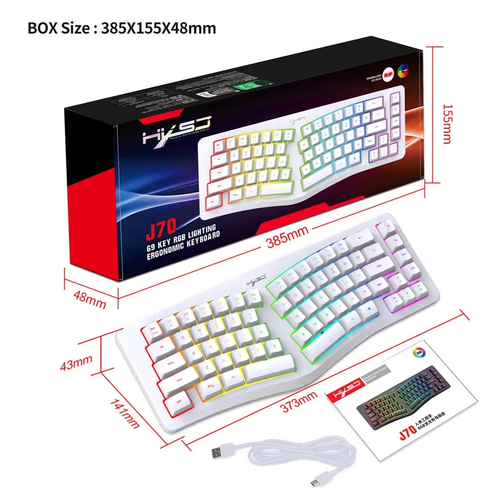 69 Keys Gaming Keyboard Creative Wave Shape Ergonimic Keyboard Office Relax Hand Wrist RGB Colorful Light Type C Wired Keyboard