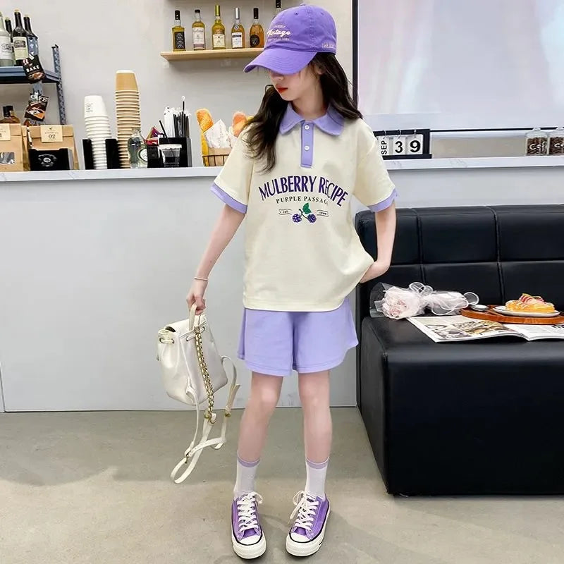 Summer Teenage Girls Clothes Set Children O-Neck Tshirt and Pleats Skirts Suit Student School Short Sleeve Tee Bottom Outfits