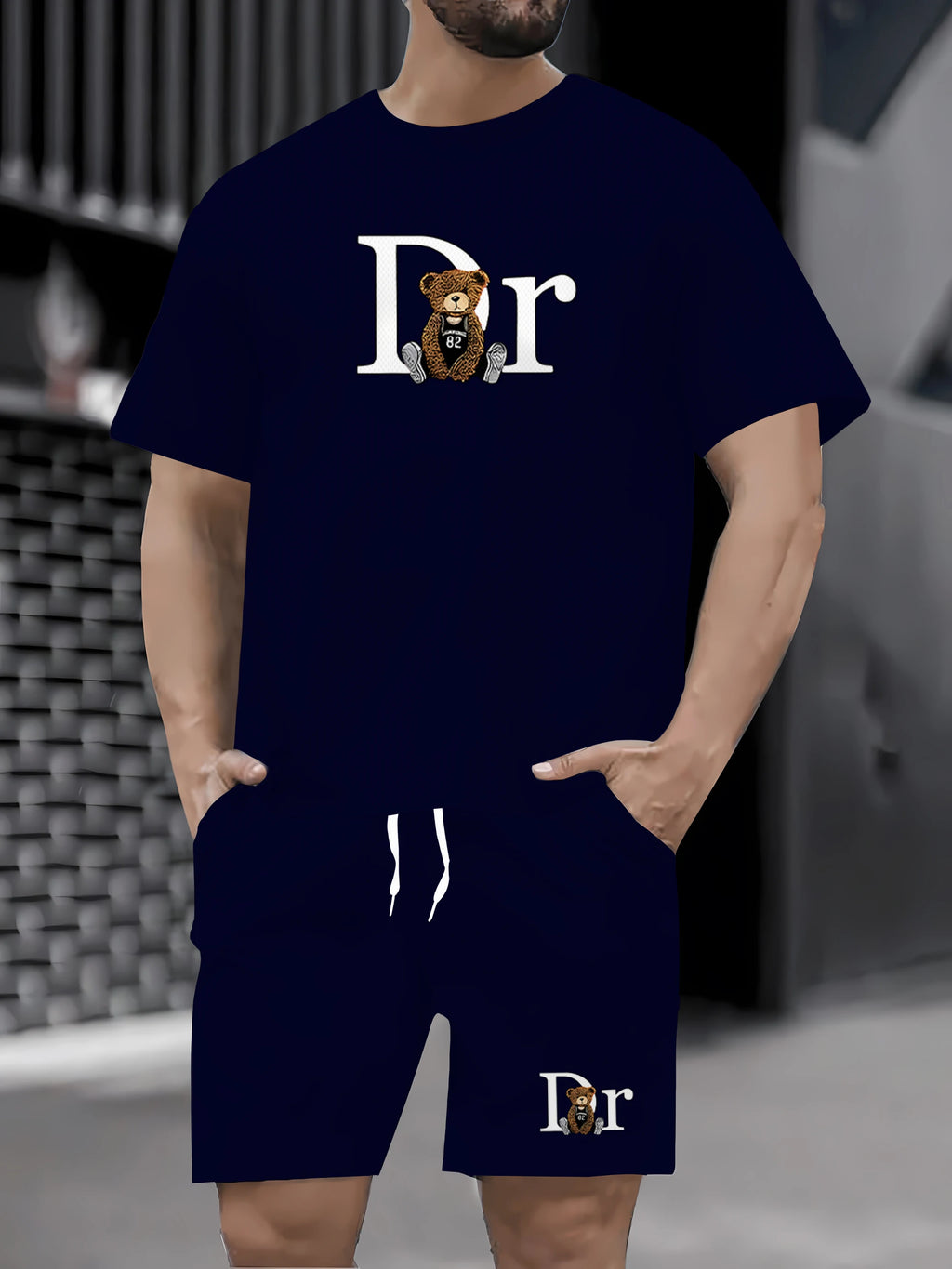 Hot selling summer new men's casual sports suit fashionable teddy bear printed T-shirt shorts 2-piece set summer men's clothing
