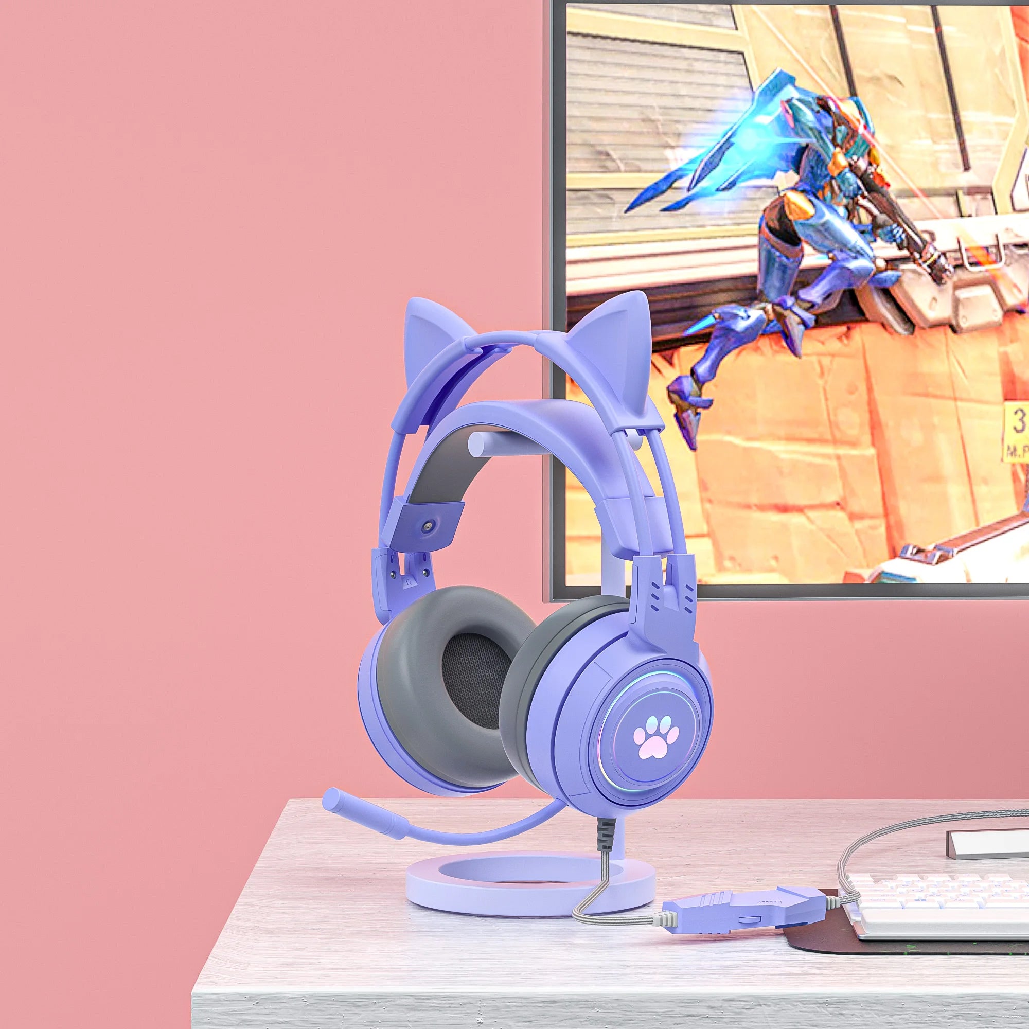 pink Gaming Headset for PC, PS4, PS5, Laptop 3.5mm Noise Reduction with Mic Noise Cancelling, LED Light for Girls, Women