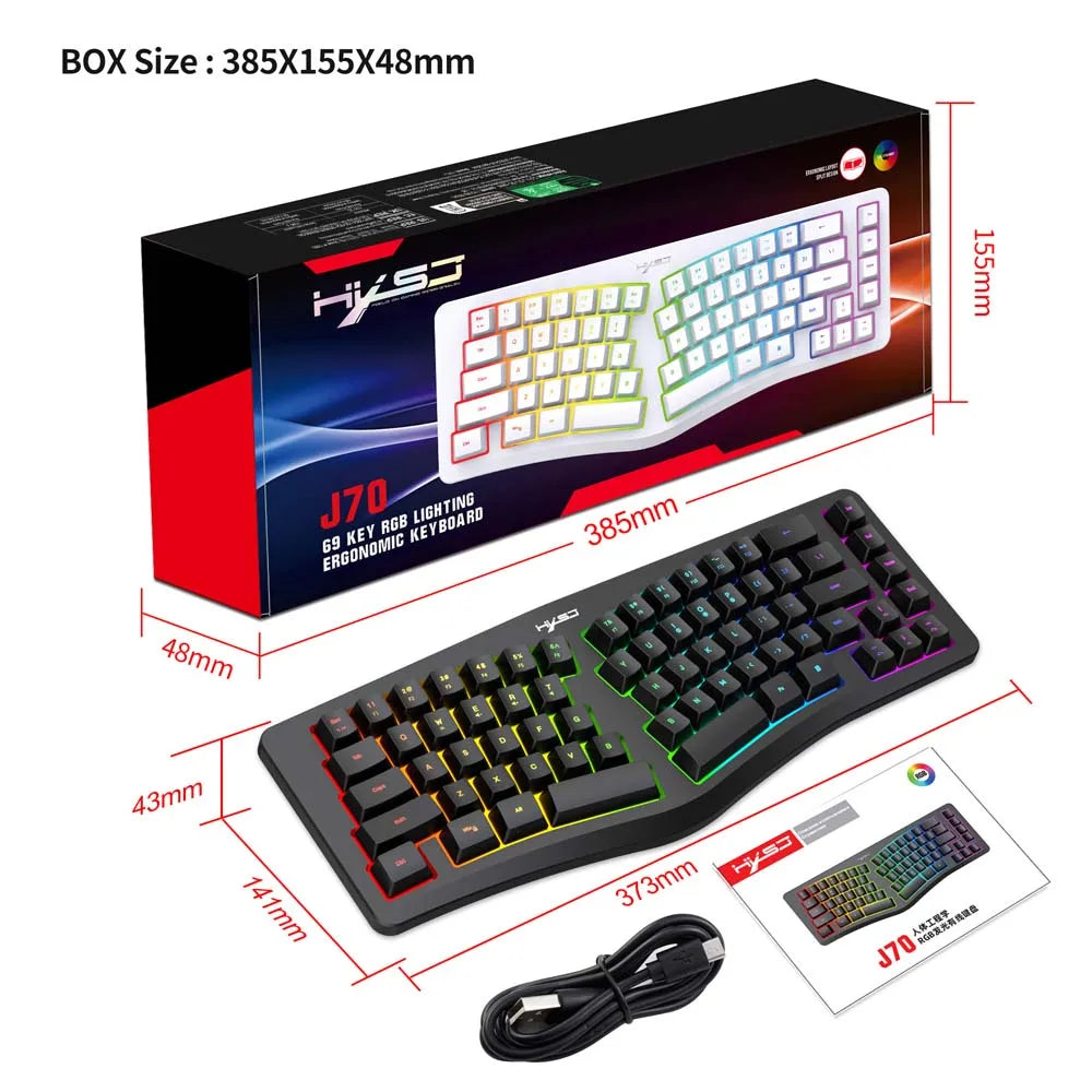 69 Keys Gaming Keyboard Creative Wave Shape Ergonimic Keyboard Office Relax Hand Wrist RGB Colorful Light Type C Wired Keyboard