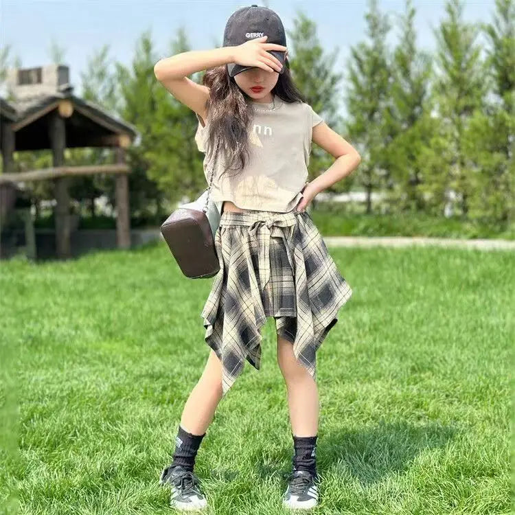 Summer Girls Clothing Set Solid Color Letter Print T-shirt+Plaid Irregular Skirt 2Pcs For 5-14 Years Teen Kids Fashion Outfit