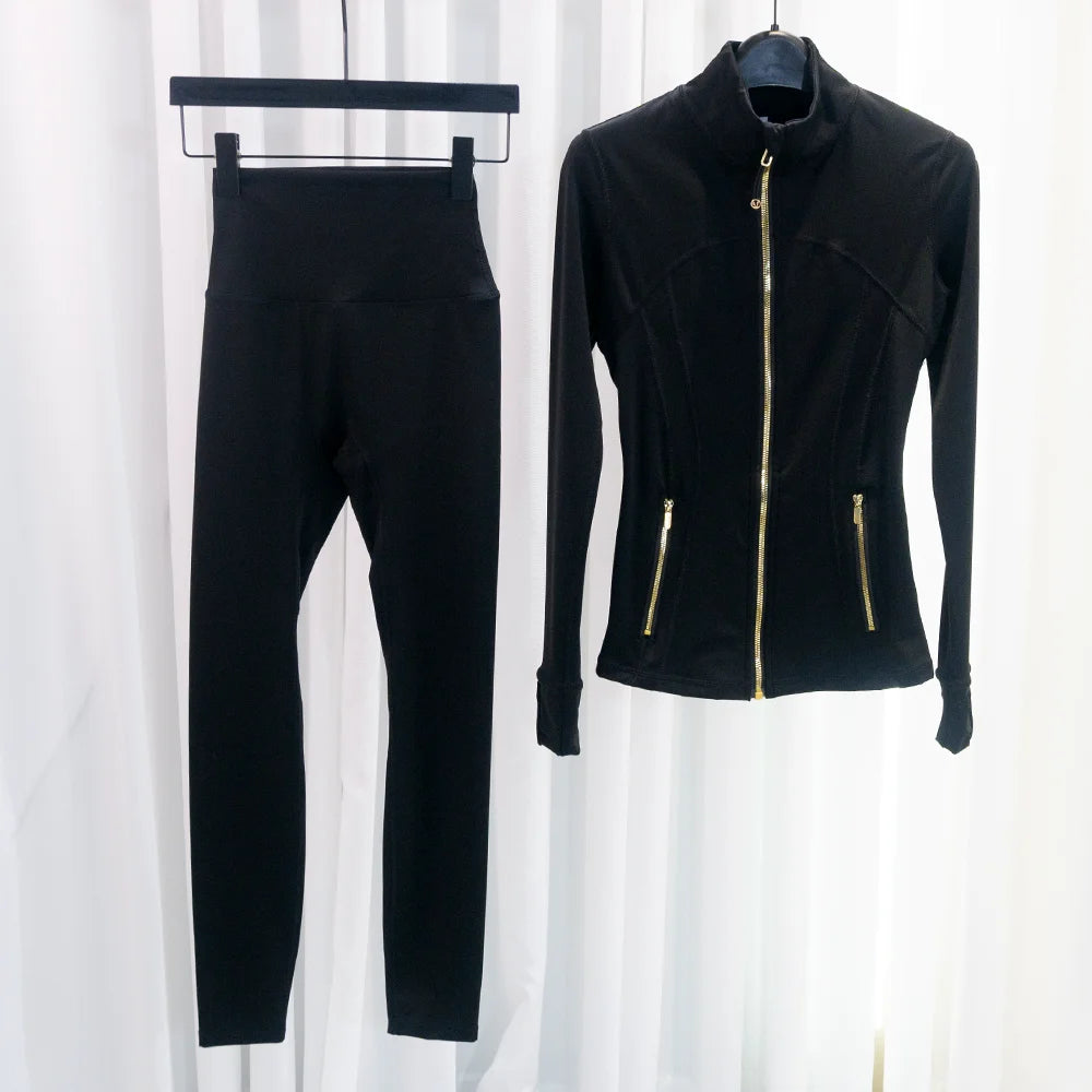 Set with a high-end feel, stand-up collar, slim-fit jacket for women, slimming nine-point yoga pants, casual two-piece set