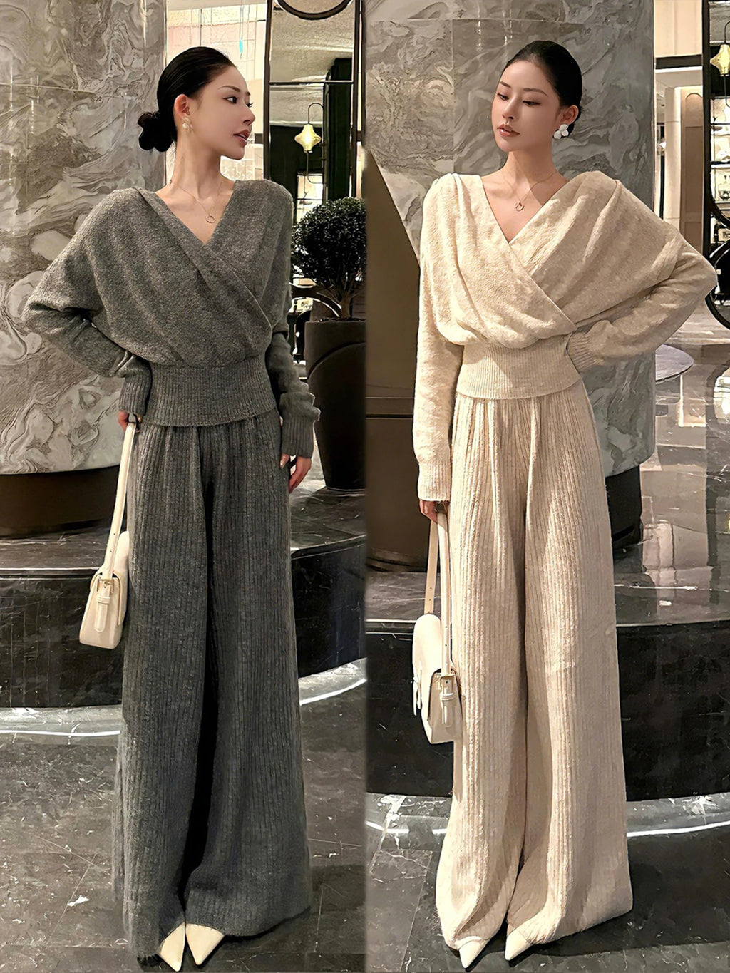 Elegant Autumn Winter Women's Outfit High Waist Wide Leg Pants V-Neck Long Sleeve Fashion Set Korean Style Casual Wear