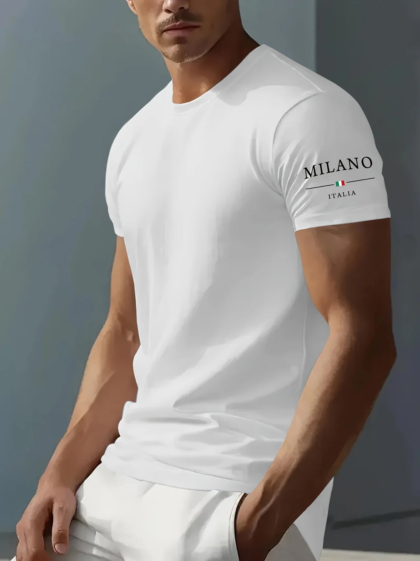 100% pure cotton men's summer casual sports fashionable loose MILANO ITALIA pattern printed round neck short sleeved T-shirt top