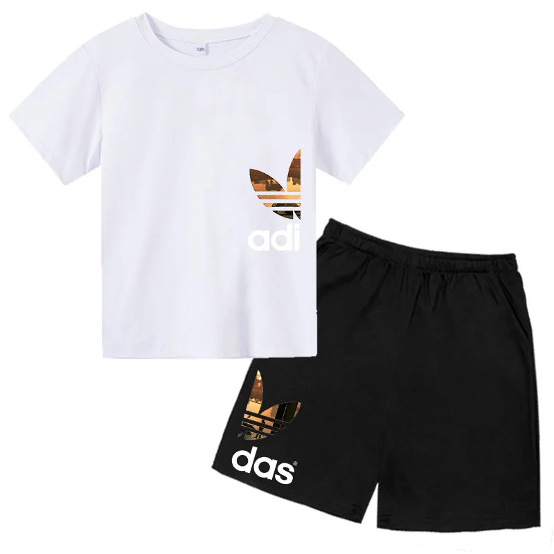 Summer 3-13Y Kids Fashion Creative Sports Outdoor Print Short Sleeve T-Shirt & Shorts Set - Stylish Children's 2-Piece Activewea