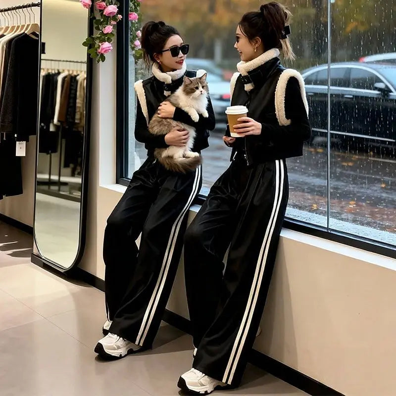 Autumn Winter Thickened Plush Patchwork Zipper Short Vest Women's High Waist Casual Wide Leg Pants Set Fashionable Cool