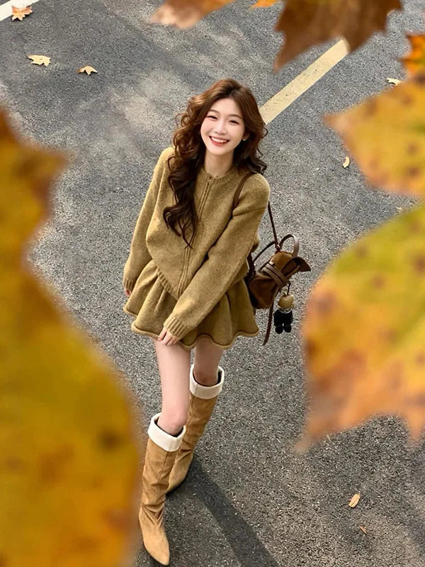 Korean Style Women's Knitted Cardigan And Short Skirt Two-Piece Set Warm And Fashionable Autumn Winter Outfit High Waist Skirt