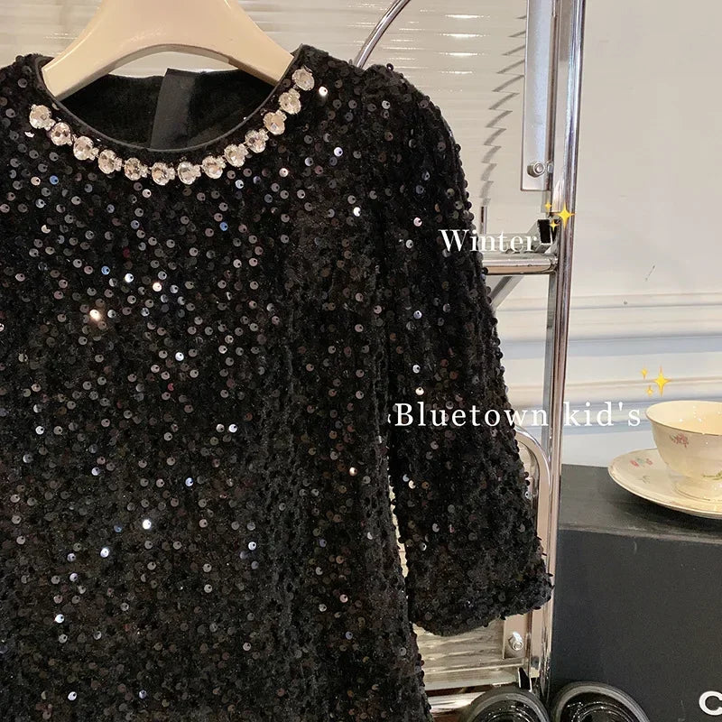 Girls' Dress Winter New Foreign Style Girls Velvet Princess Dress Children's Fashionable Sequined Heavy Industry Dress