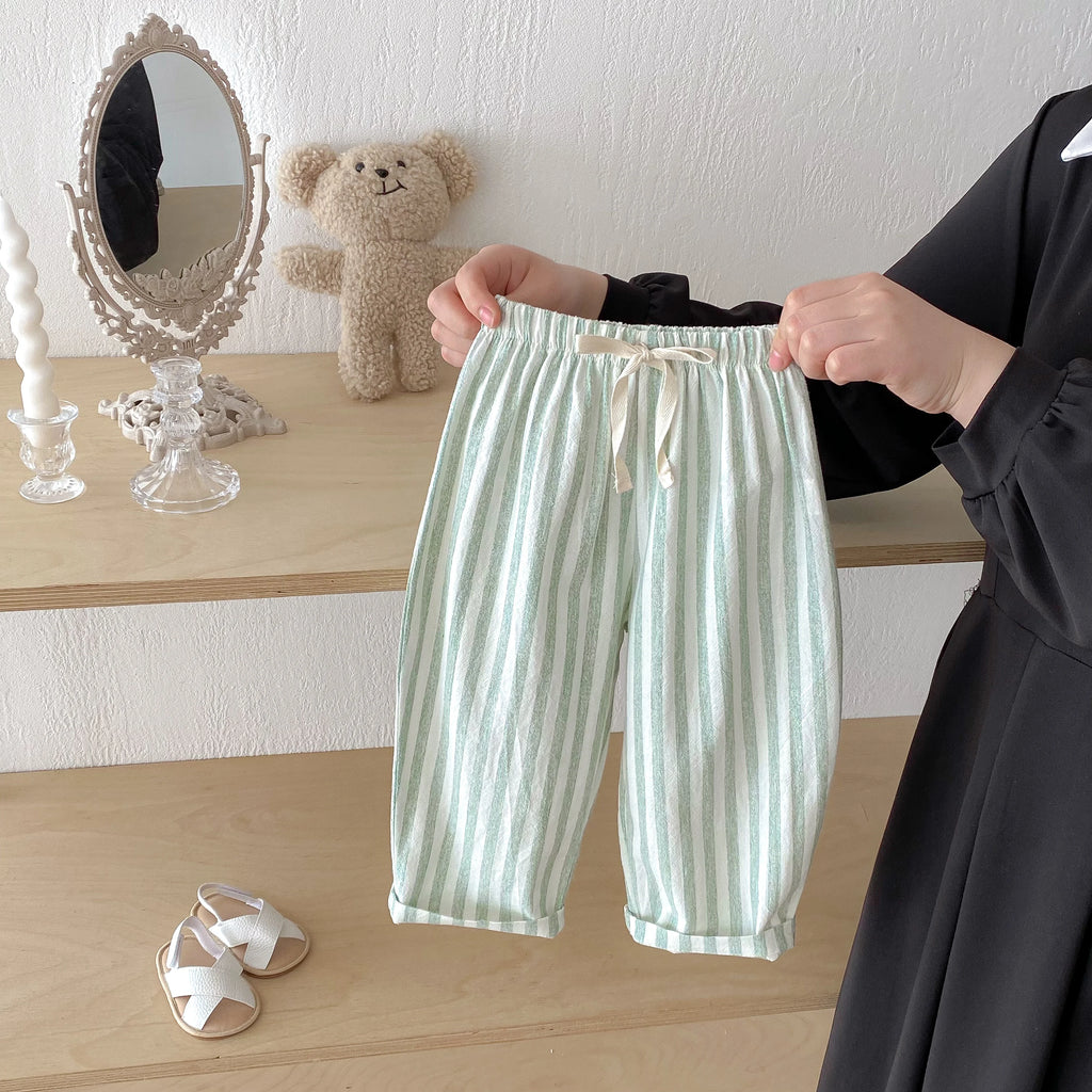 Spring Summer Boys Striped Loose Pants Baby Girl Vintage Casual Linen Cotton Harlan Pants Kids Lace-up Pant Children Clothing