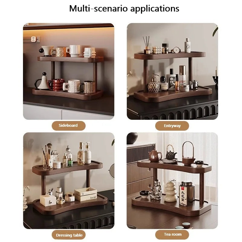 2 Tier Makeup Organizer for Vanity Bamboo Wooden Cup Holder for Coffee Bar Mug Display Rack for Counter Kitchen Storage Shelf