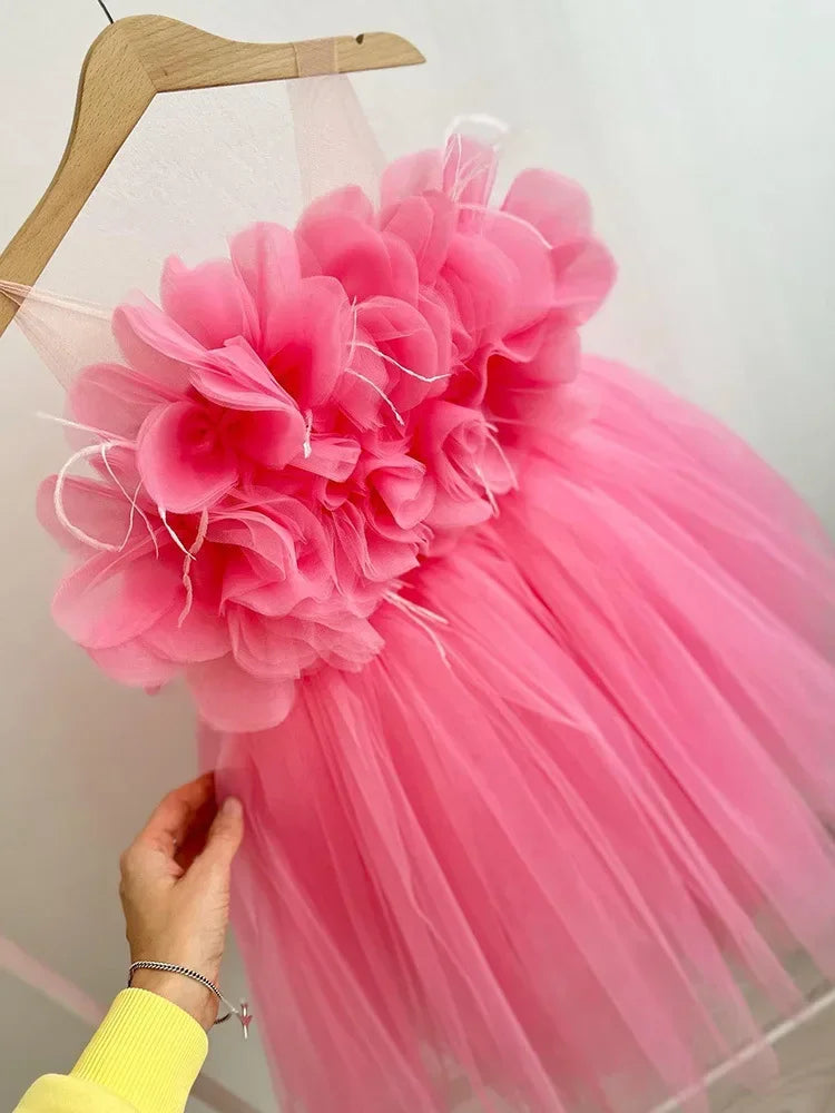 Girl Clothes Children's Flower Dress Wedding Princess Dresses Little Girls Pink Blue Strap Tulle Tutu Skirt Purple Spaghetti