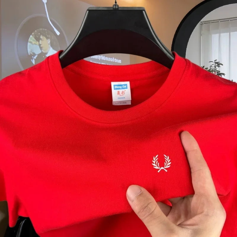 100% pure cotton high-end brand men's round neck short sleeved top summer fashion luxury wheat embroidery design casual T-shirt