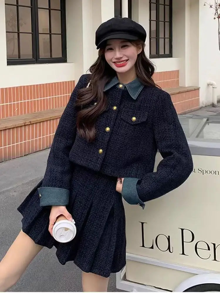 Women's Autumn Winter Short Splicing Coat High Waist Pleated Skirt Set Korean Style Floral Print Breathable Polyester Fiber
