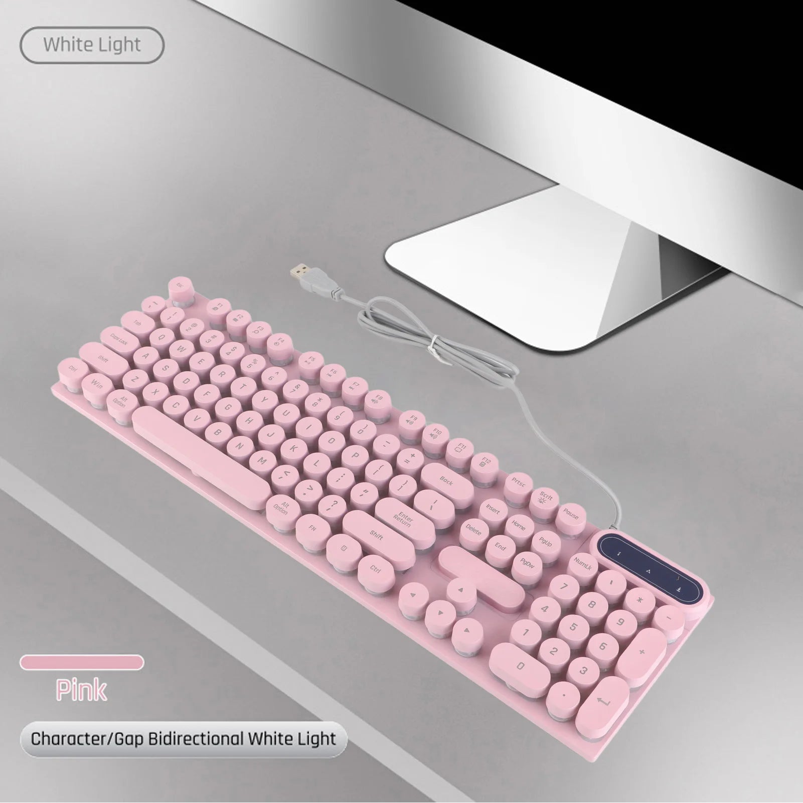 1Pc Gaming Keyboard USB Round 104 Keycaps Backlit Ergonomic Fodable Feet Multimedia Keys Wired Keyboard for Desktop Laptop