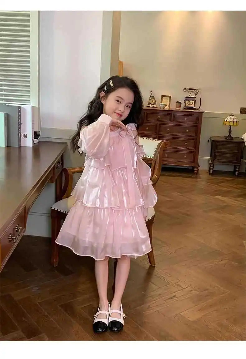 2025 Summer New Girls Dress Pink Off Shoulder Long Sleeve Halterneck Princess Dress For 2-10 Years Teen Girls Grace Fashion Dres
