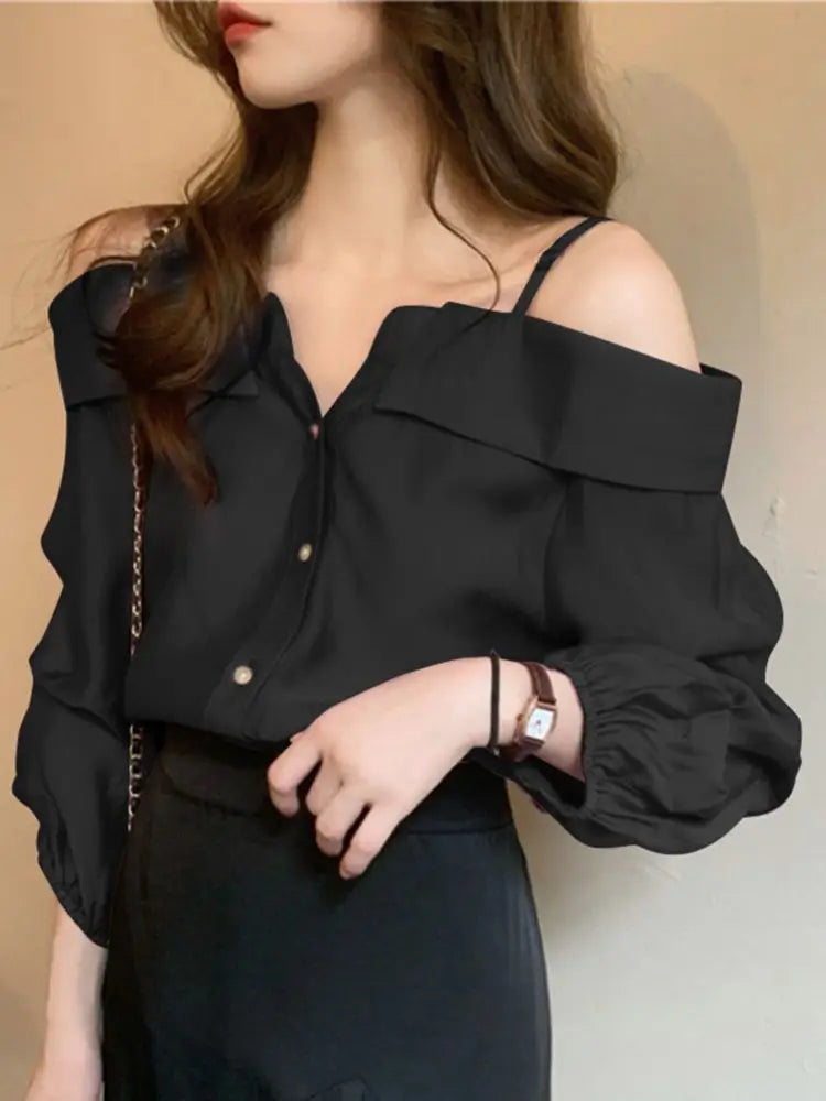 ZANZEA 2025 Fashion Shirts Women Sexy Off Shoulder Blouse Summer Casual Straps Button Tops Long Sleeve Pleated Solid Loose Tunic