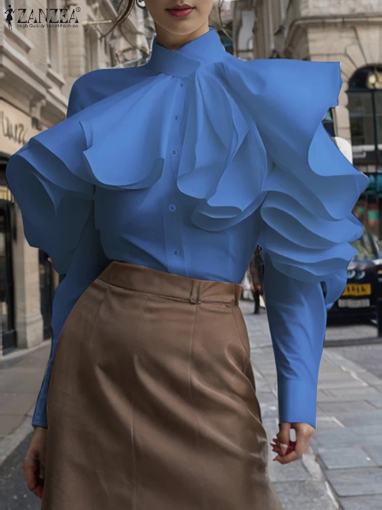 ZANZEA Vintage Solid Office Blouse Women Ruffled Stitching Street Shirts Spring 3D Long Sleeve Tops Casual Loose Buttons Tunics