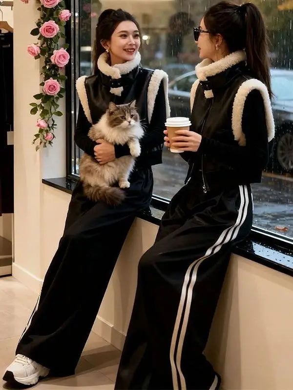 Autumn Winter Thickened Plush Patchwork Zipper Short Vest Women's High Waist Casual Wide Leg Pants Set Fashionable Cool