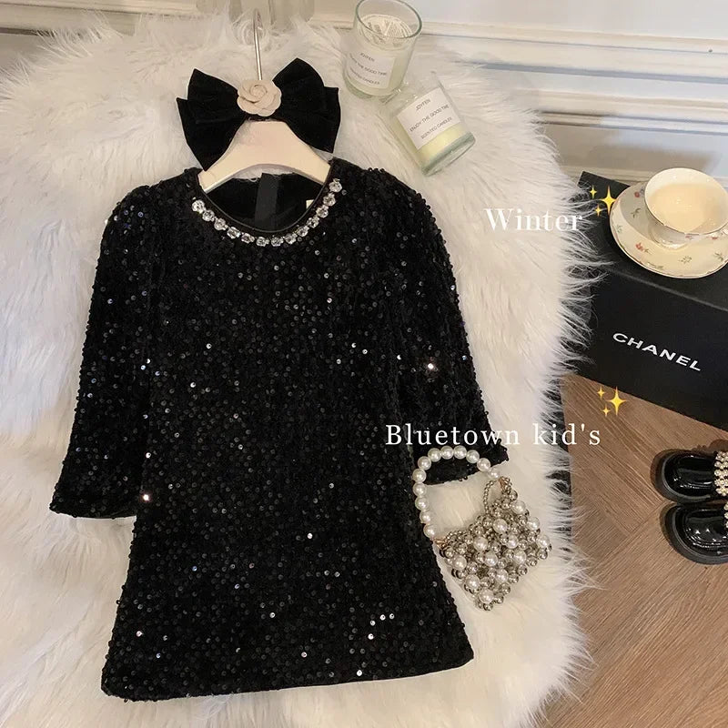 Girls' Dress Winter New Foreign Style Girls Velvet Princess Dress Children's Fashionable Sequined Heavy Industry Dress