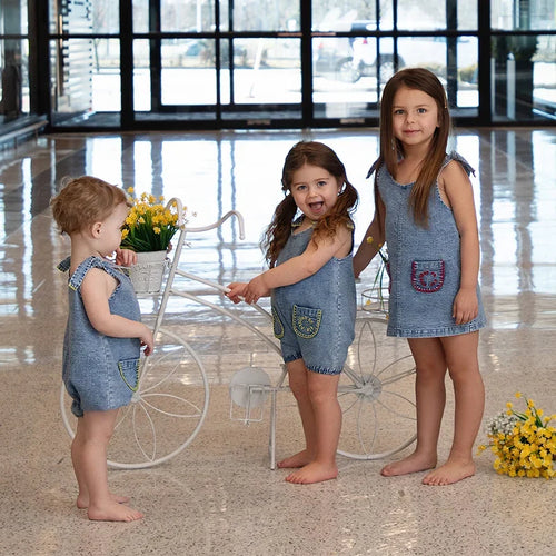 6m-12t 2024 New Summer Spring Denim Famliy Clothing Set Girls Suspender Dress Skirt Baby Sleeveless Romper Overall Boys Shirt