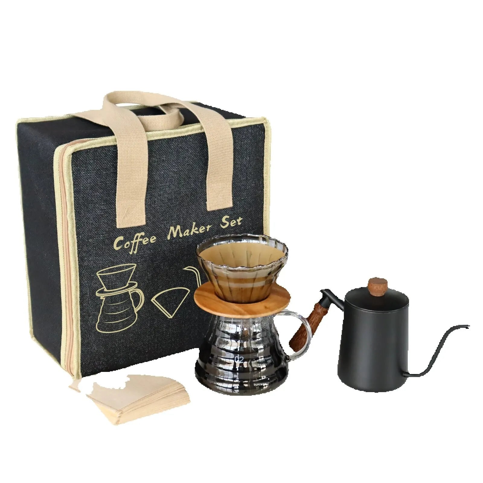 Complete Manual Pour Over Coffee Set V Shape Glass Dripper 600ml Gooseneck Kettle Kit Portable Coffee Travel Bag Barista Gift