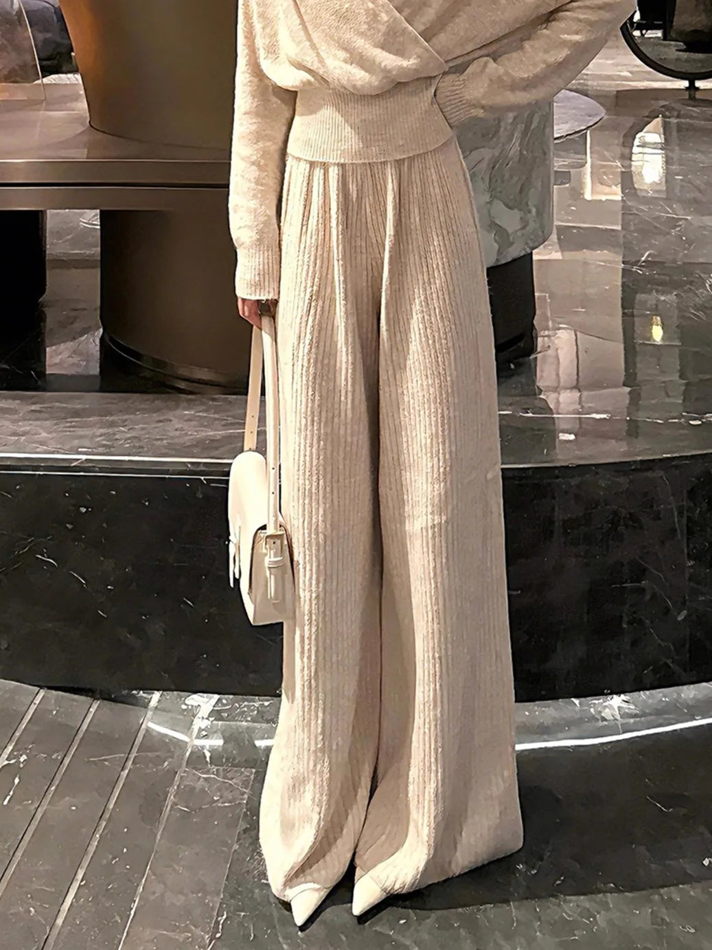 Elegant Autumn Winter Women's Outfit High Waist Wide Leg Pants V-Neck Long Sleeve Fashion Set Korean Style Casual Wear
