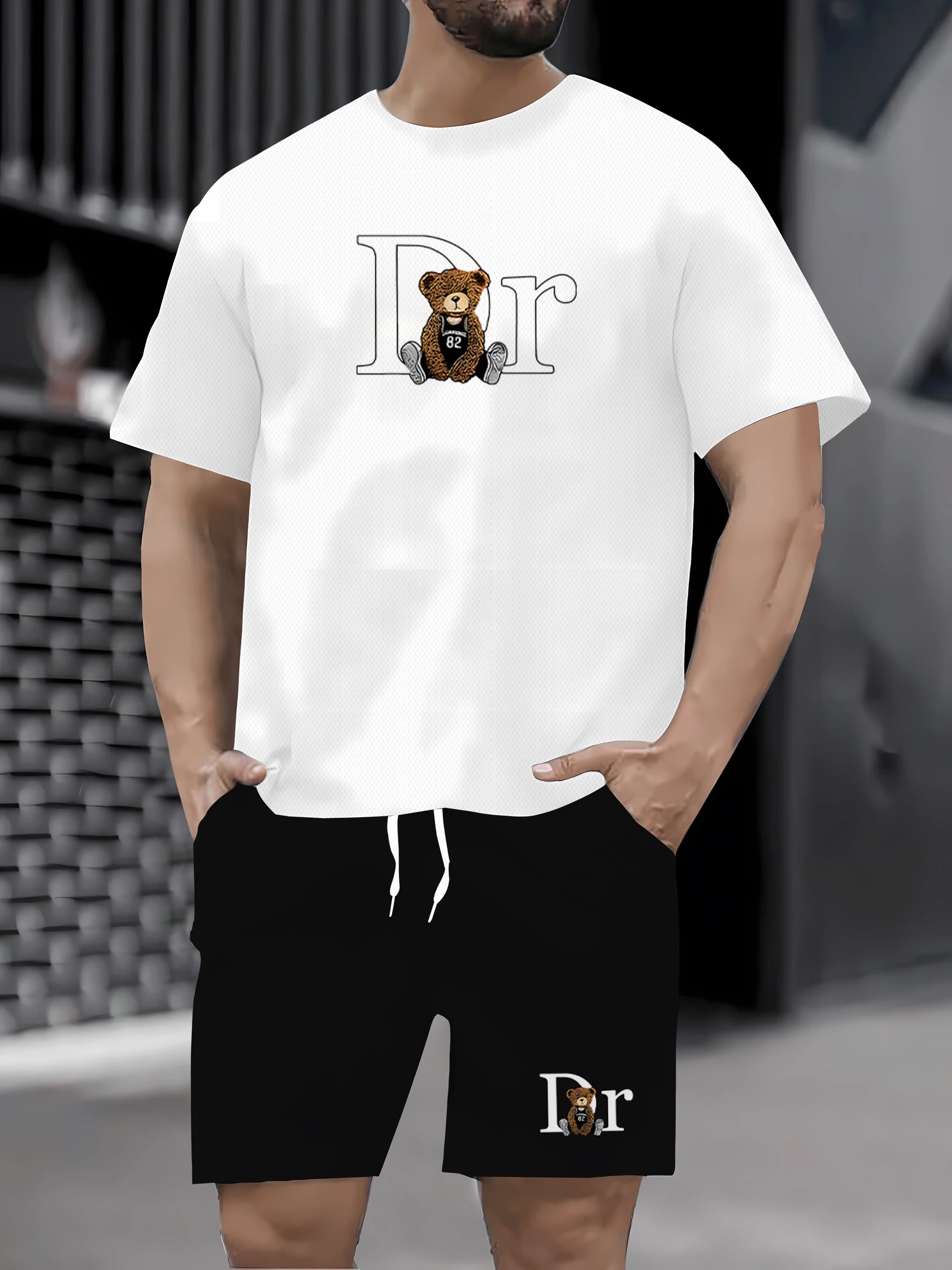 Hot selling summer new men's casual sports suit fashionable teddy bear printed T-shirt shorts 2-piece set summer men's clothing