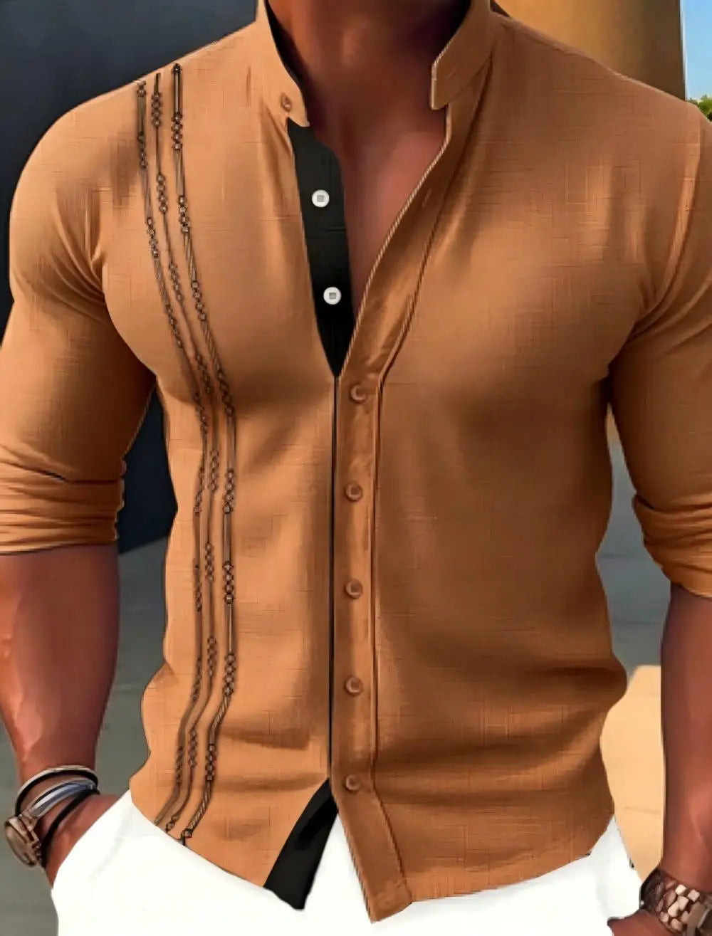 Men's linen casual shirt, loose fit, fashionable, high collar, suitable for summer wear, high collar cardigan, long sleeved, mad