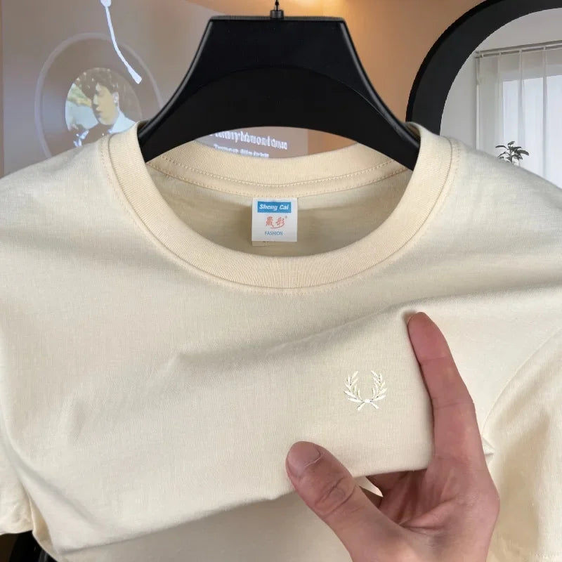 100% pure cotton high-end brand men's round neck short sleeved top summer fashion luxury wheat embroidery design casual T-shirt