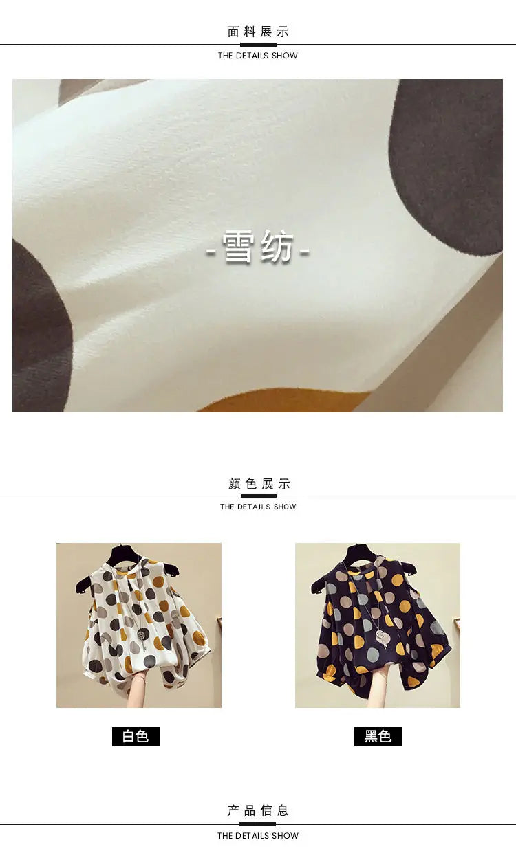 Oversize Summer Polka Dot Printed Chiffon Blouses Women Round Neck Patchwork Short Sleeve Shirt Off Shoulder Tops Female Clothes