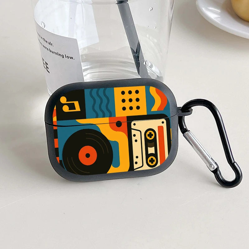 Trendy Retro Music Pattern Earbuds Case For AirPods 4/3/2/1 Case For AirPods Pro 3/Pro 2/Pro TPU Protective Cover with Keychain