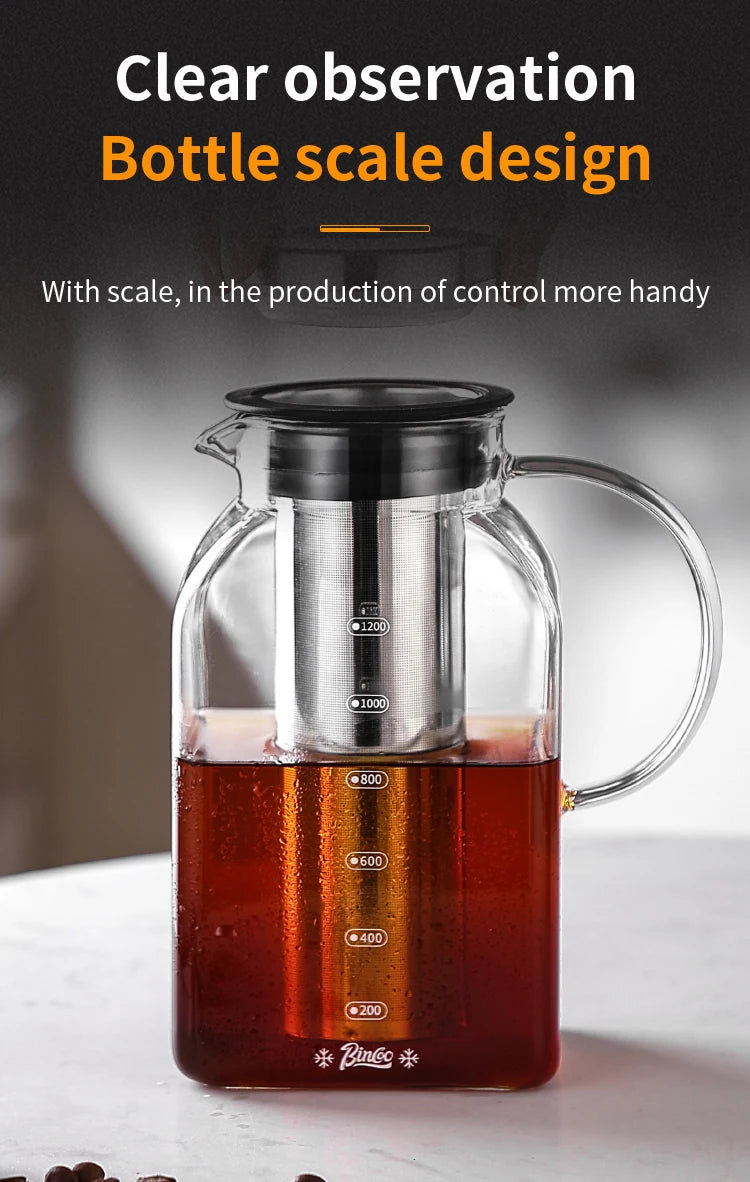 Bincoo 1200ML Glass Cold Brew Coffee Pot with double-layer Filter Cups Water Bottle Extracted Espresso Coffee Maker Juice Kettle