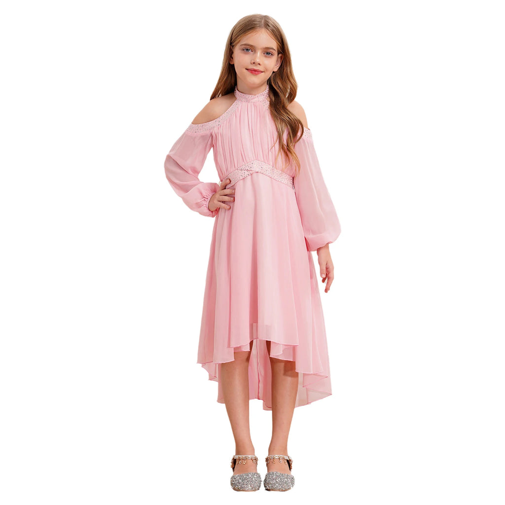 Kids Girls Elegant Party Dress Halter Off-shoulder High Waist Ruffled Chiffon Dresses Wedding Birthday Pageant Evening Prom Gown