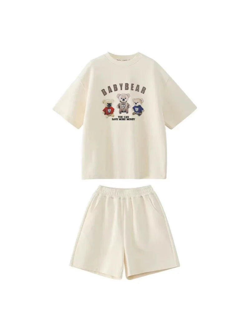 2026 SUMMER children set Girls Clothes sport tracksuit teenager bear letter T-shirt + shorts hot pant 4 5 7 8 9 10 11 12 years