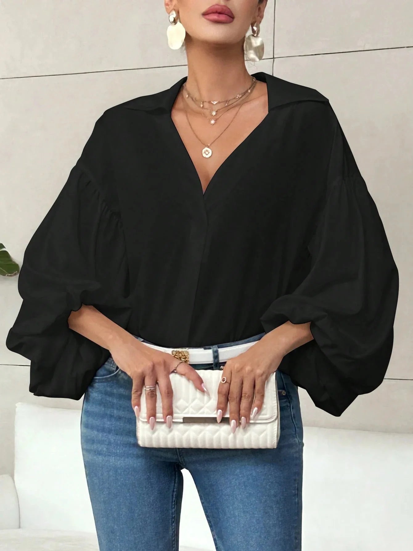 Boho Women's Blouses Spring Fall New Fashion French Polka Dot Half-neck Design Loose Puff Long-sleeve Top Casual Shirts Women