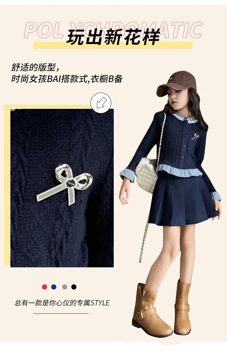 teen girls college style clothes set Striped patchwork ruffle hem tops jacket+Pleated skirt 2pcs junior kids suit child outfits