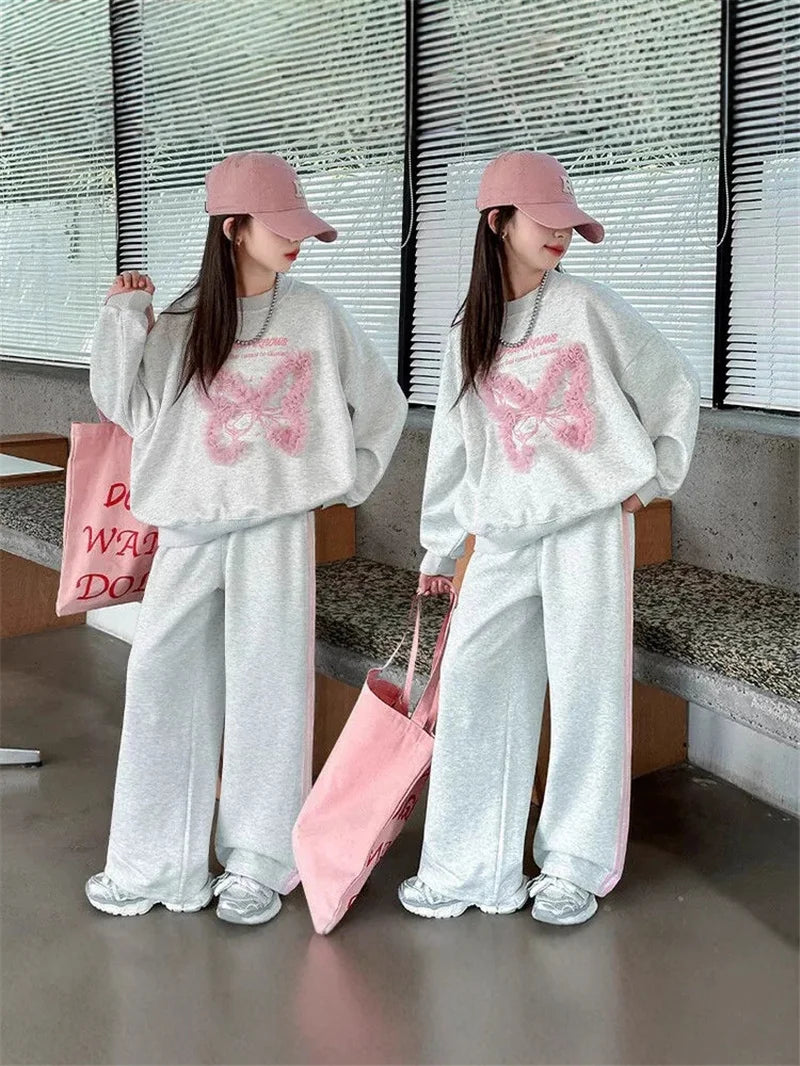 New Girls Tracksuit Sets Autumn Spring Kids Lace Butterfly Sweatshirt+Pants 2Pcs Teen Loose Sports Suits Children Casual Outfits