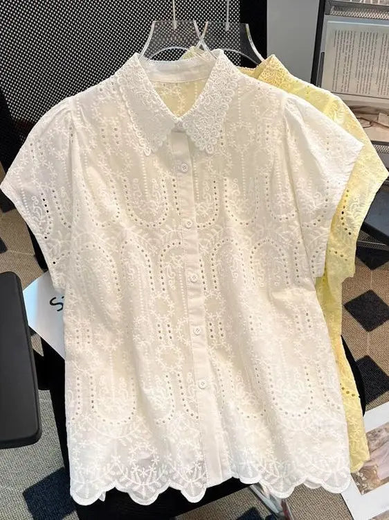Elegant European Summer 2025 New Design Sense Small Hollow out Embroidery  Collar Top Versatile Match Korean Style Loose Fit