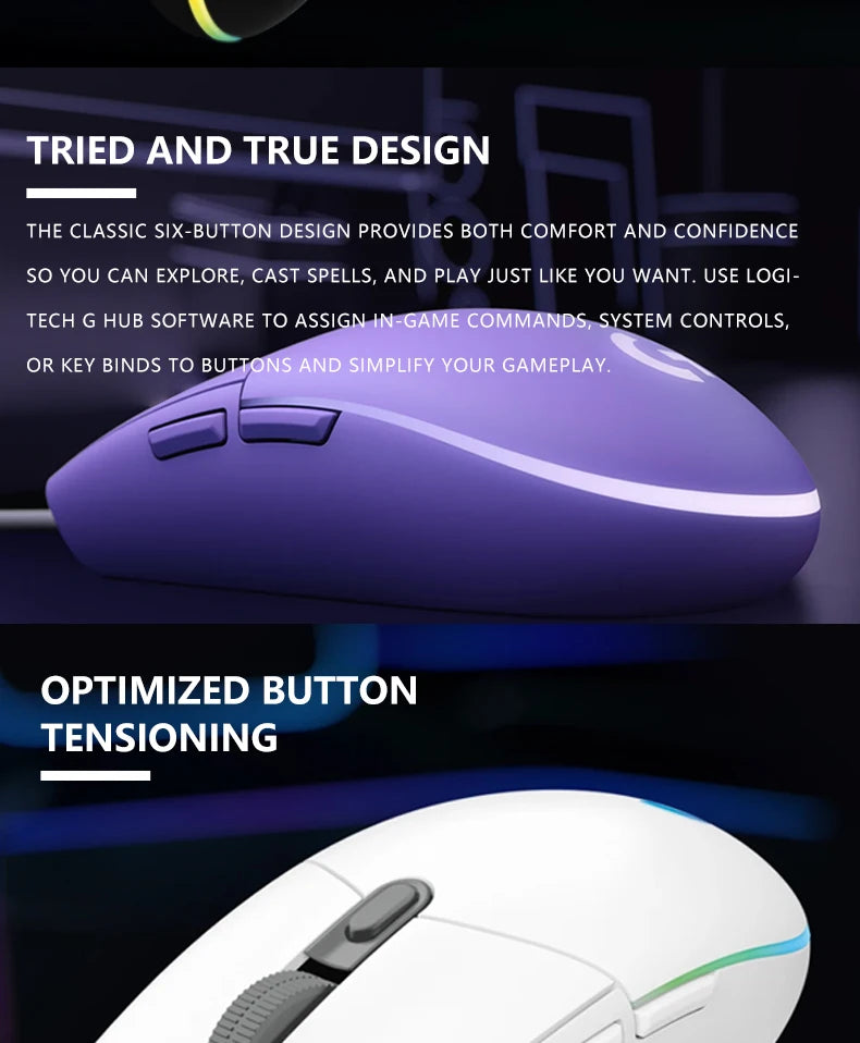 The G102/G203 with LIGHTSYNC lighting effect, featuring a resolution of 8000 DPI, offers smooth and responsive gaming experience