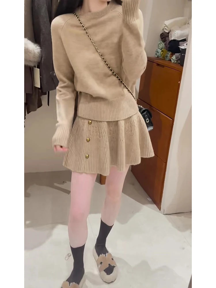Women's Loose Knitted Sweater High Waist A-Line  Skirt Set round Neck Long Sleeve Fashionable Autumn Winter Ensemble