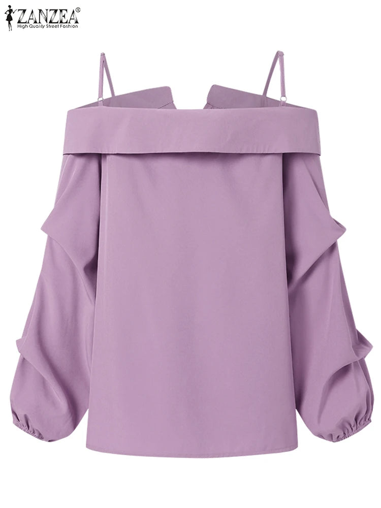 ZANZEA 2025 Fashion Shirts Women Sexy Off Shoulder Blouse Summer Casual Straps Button Tops Long Sleeve Pleated Solid Loose Tunic