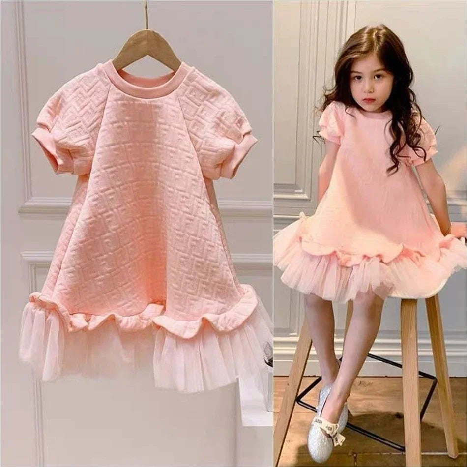 Girls Fashion Pink Princess Dress Kids Summer Puff Sleeve Casual Dresses Children Korean Style Mesh Clothing Gift Lolita Dress
