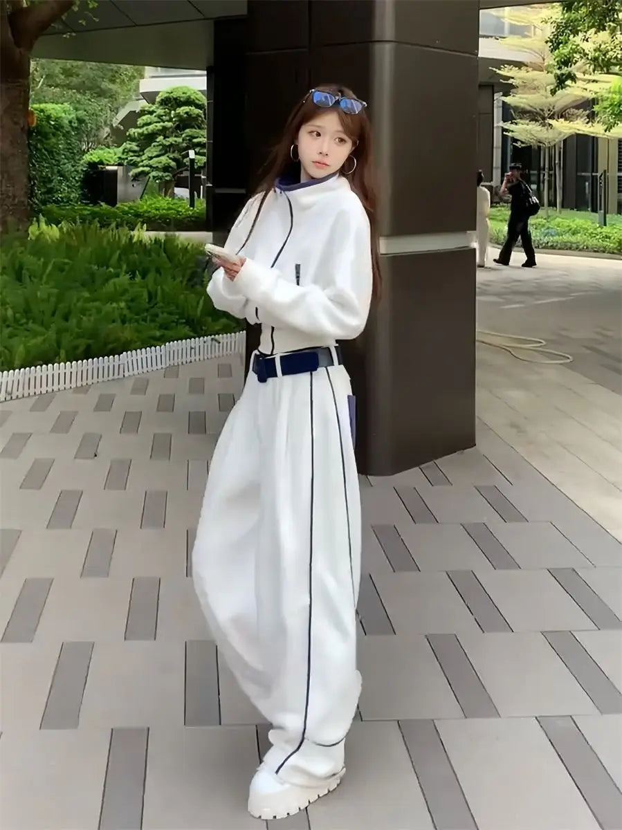 Korean Style Fashionable Set Women's Autumn Winter Design Collar Top Wide Leg Pants Two Piece Set Casual High Waist Polyester...