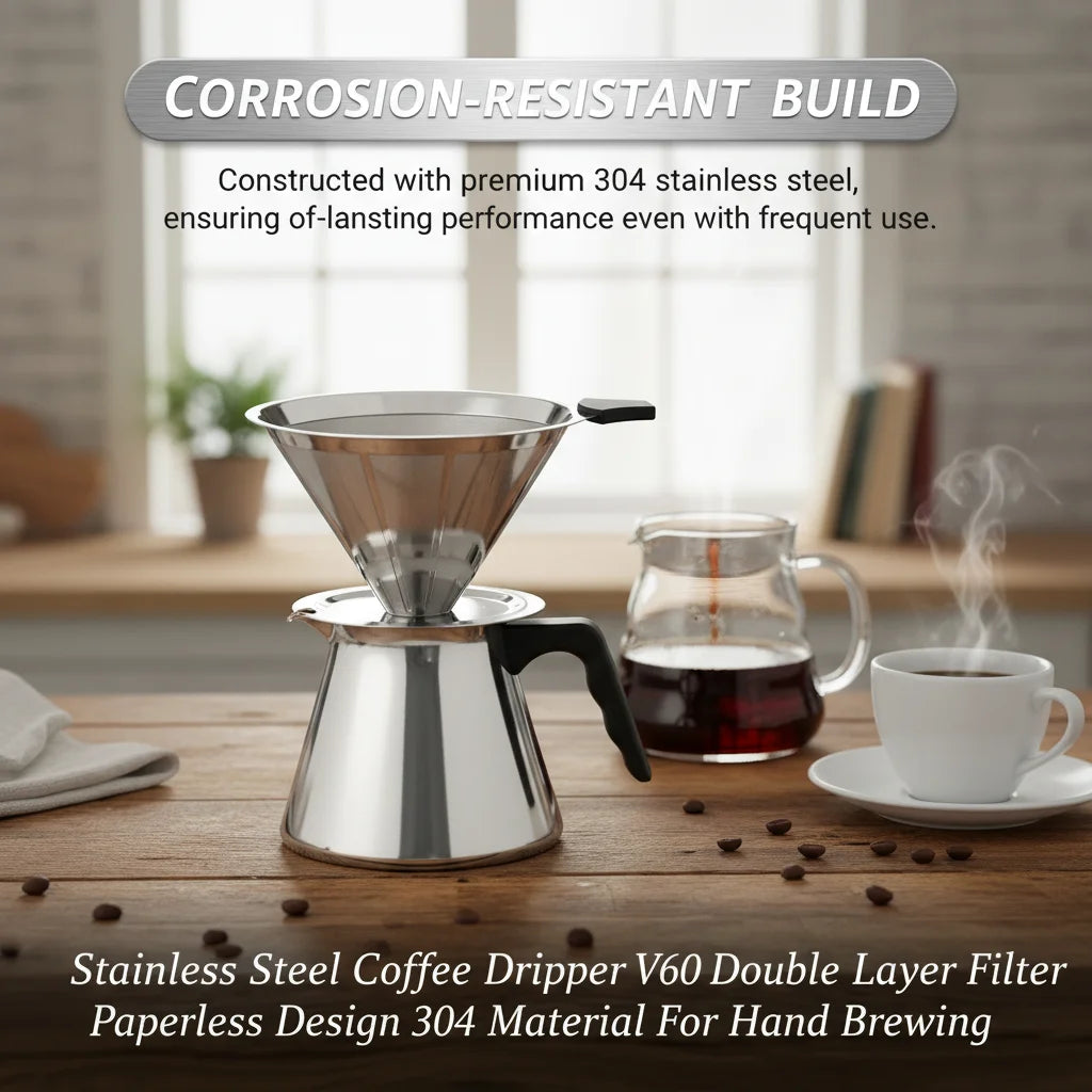 V60 Stainless Steel Coffee Filter Cone Double Layer Paperless Design 304 Material for Pour Over Brewing Large Capacity