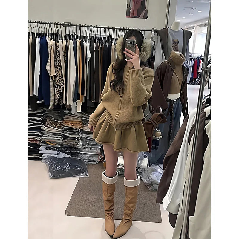 Korean Style Women's Knitted Cardigan And Short Skirt Two-Piece Set Warm And Fashionable Autumn Winter Outfit High Waist Skirt