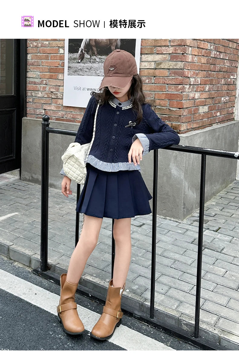teen girls college style clothes set Striped patchwork ruffle hem tops jacket+Pleated skirt 2pcs junior kids suit child outfits
