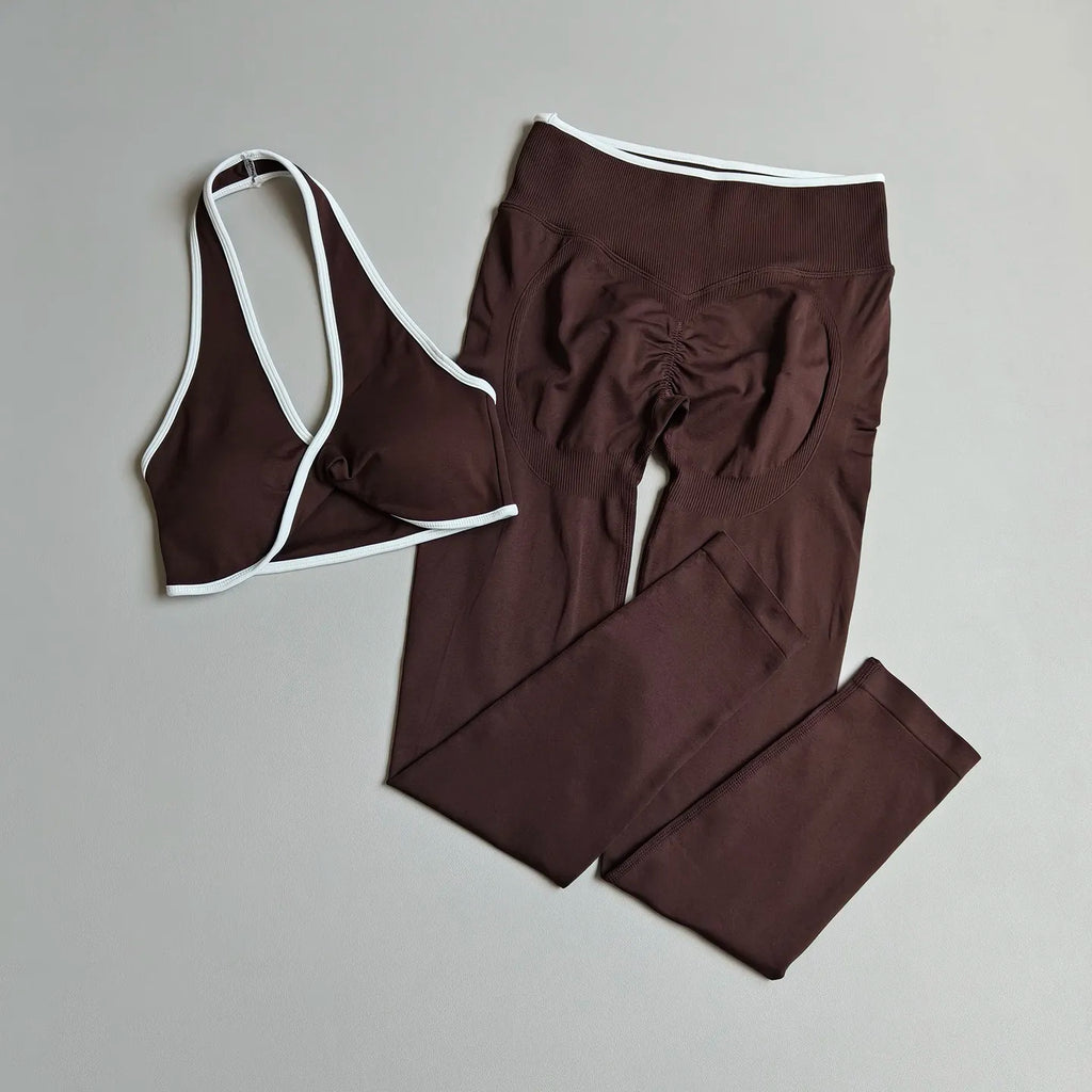 Seamless Yoga Suit Set with Peach Butt Halter Neck Push-Up Sports Bra High Waist Leggings Hip Lifting Control Fitness Outfit