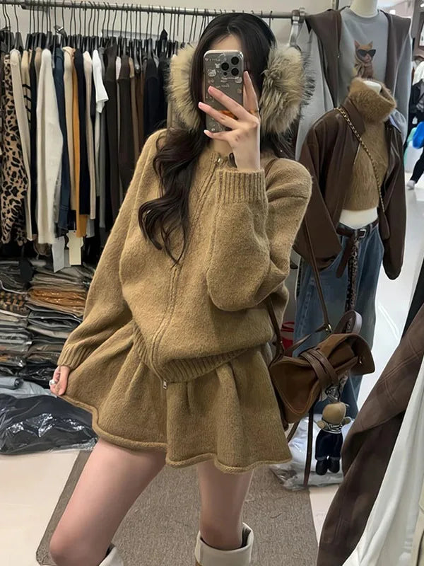 Korean Style Women's Knitted Cardigan And Short Skirt Two-Piece Set Warm And Fashionable Autumn Winter Outfit High Waist Skirt